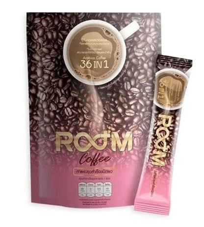 Room Coffee 36 in 1 Instant Coffee with sachets and premium Arabica coffee packaging