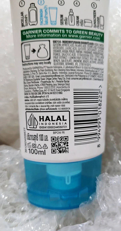 Garnier Bright Anti Acne Wash facial foam packaging details with ingredients and instructions for oily, acne-prone skin, 100g