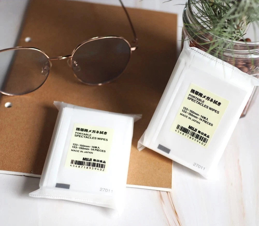 MUJI Lens Wipes with glasses on desk portable cleaning solution from Japan