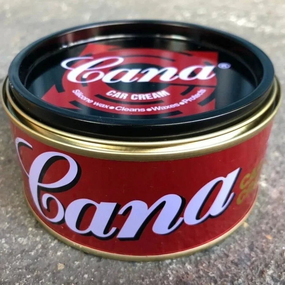 Close-up of Cana Car Cream Wax can showing brand logo on red background