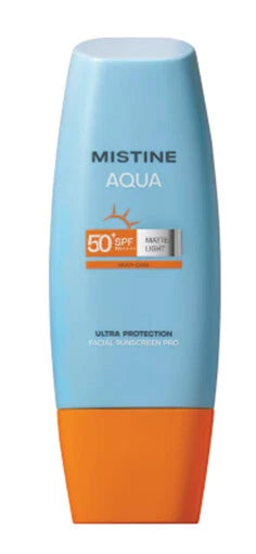 Mistine Aqua Sunscreen SPF50 PA++++ single bottle product image blue and orange design