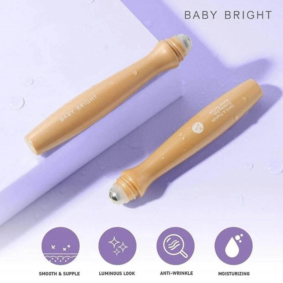 Baby Bright Eye Roller product tubes showing the specialized roller head and key benefit icons.