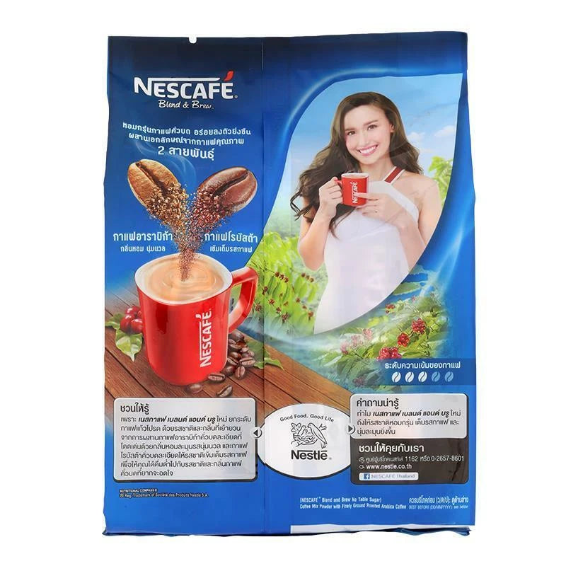 Nescafe Blend & Brew No Sugar coffee bag with product details and model image