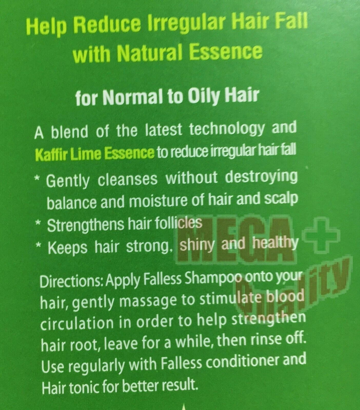 Falless Kaffir Lime Shampoo benefits text, highlighting natural essence for reducing irregular hair fall.