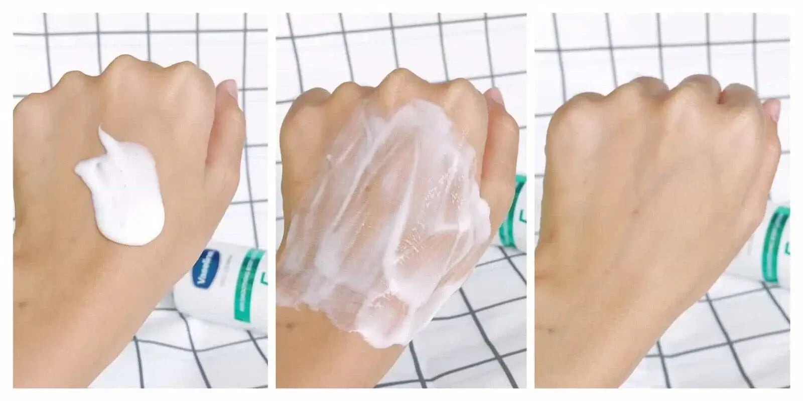 Vaseline Pro Derma 5 AHA lotion texture application steps demonstration on hand skin.