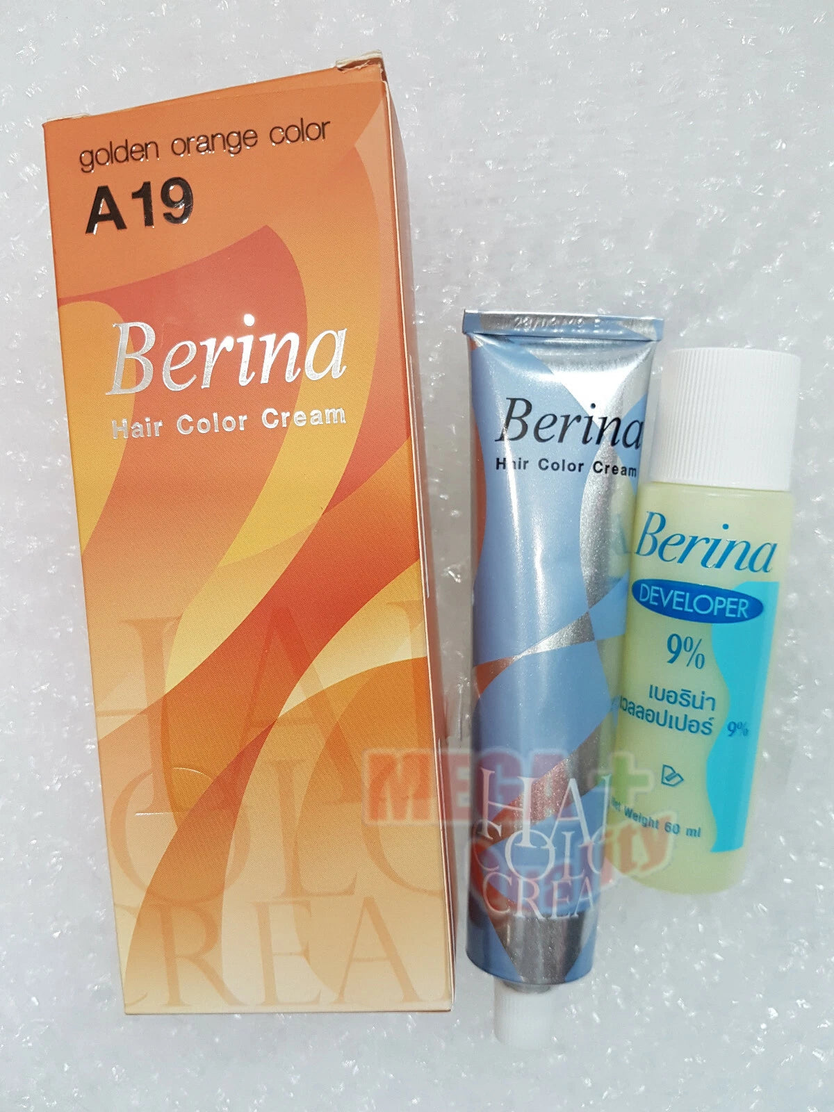 Berina A19 Hair Color Cream Golden Orange box with developer bottle set