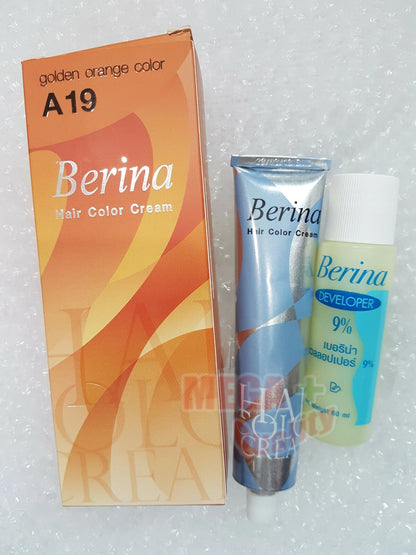 Berina A19 Hair Color Cream Golden Orange box with developer bottle set