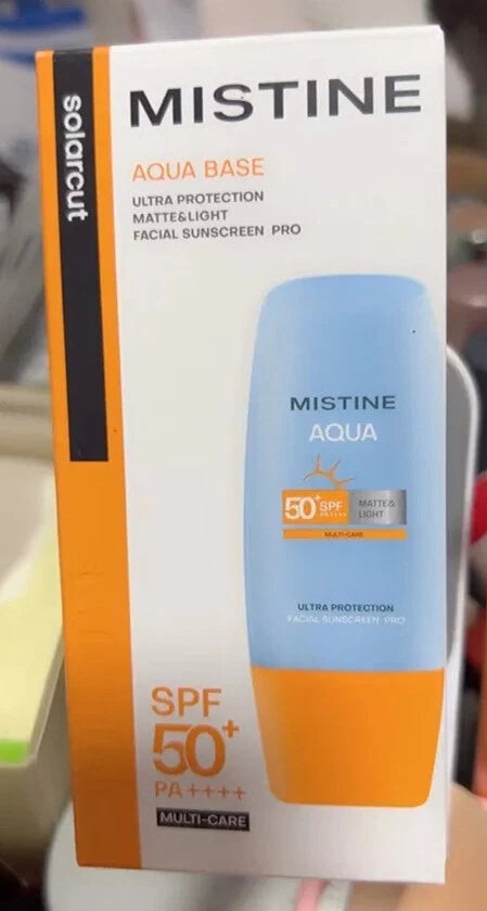 Mistine Aqua Sunscreen Ultra Protection Matte Light Facial SPF50 40ml product packaging displayed on a white background.