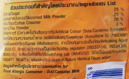 Close-up of the back of Nestea Instant Thai Milk Tea sachets showing ingredients and label text.