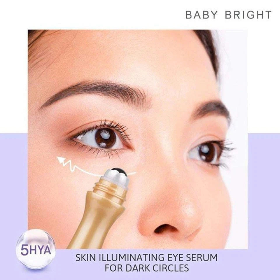 Instructional image showing how to apply Baby Bright Eye Roller gently around the under eye area