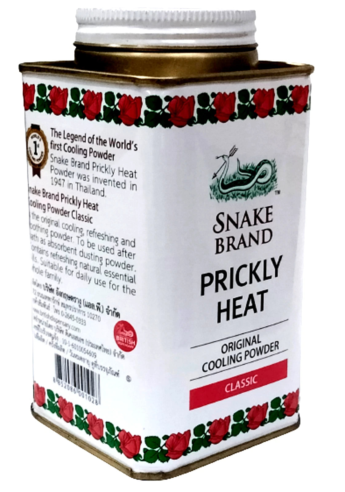 Back and side view of Snake Brand Classic Prickly Heat Cooling Powder tin with product information.