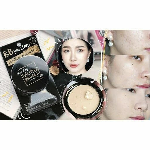 Nami All Day Matte BB Powder compact with model makeup look display