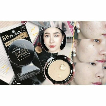 Nami All Day Matte BB Powder compact with model makeup look display