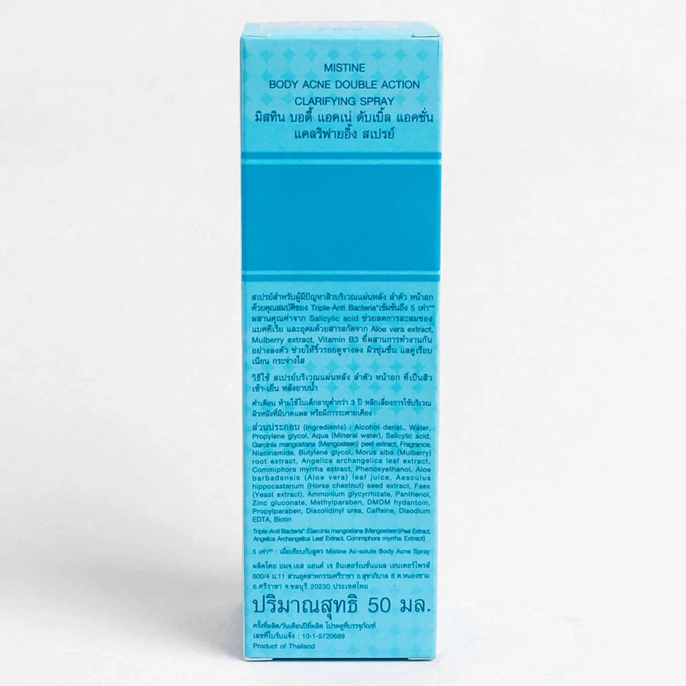 Mistine Body Acne Spray showing full bottle with blue label and fine mist applicator.