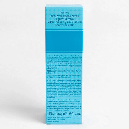 Mistine Body Acne Spray showing full bottle with blue label and fine mist applicator.