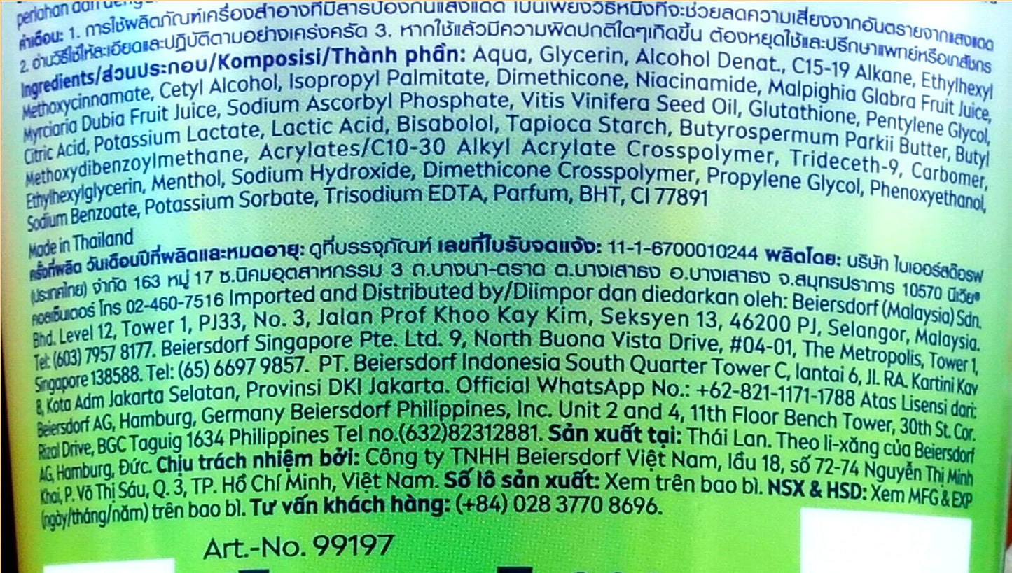 Nivea C AHA Vitamin Body Serum tube close-up showing product label and bright green design.