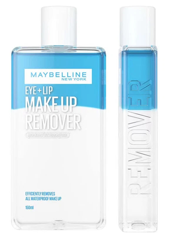Maybelline Eye Lip Remover product bottle with clear and blue layers
