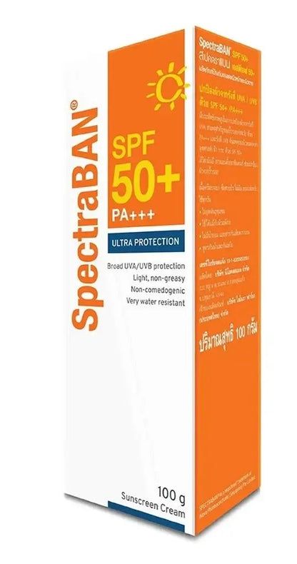 SpectraBAN SPF50 Sunscreen Cream packaging showcasing ultra protection against UVA UVB in a lightweight formula.