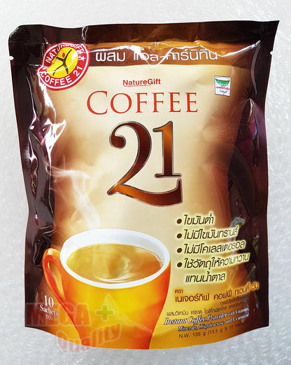 NatureGift Coffee 21 instant coffee mix packaging, featuring rich coffee and diet benefits, 10 sachets for weight loss.