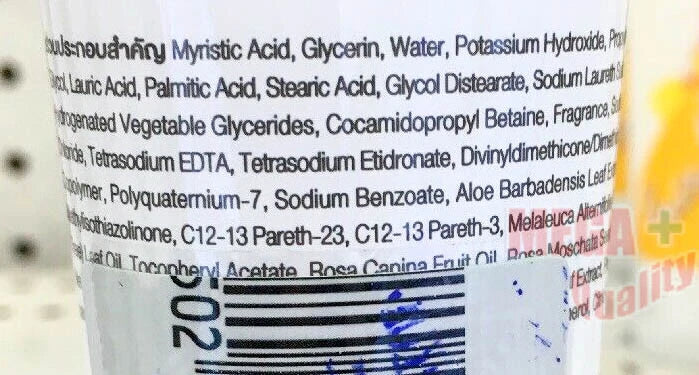 Dr Montri Acne Oil Control Foam ingredient label close up showing product formula and manufacturing details on the tube