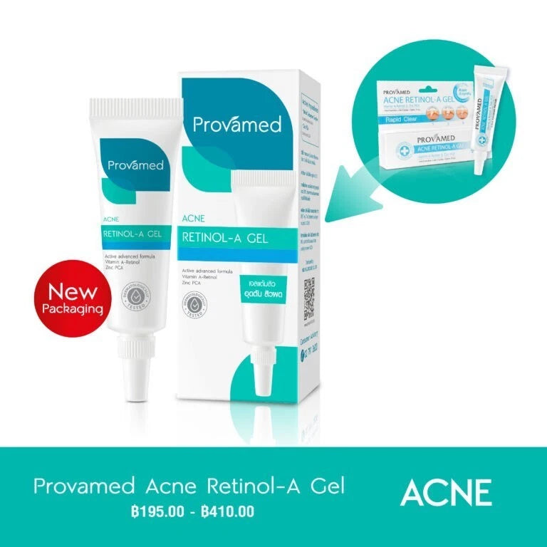 Provamed Retinol-A Acne Gel product set with box and tube for acne and pore treatment 10g