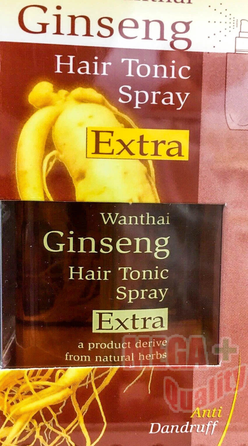 Wanthai Ginseng Hair Tonic Spray Extra box closeup showing Ginseng root and herbal details