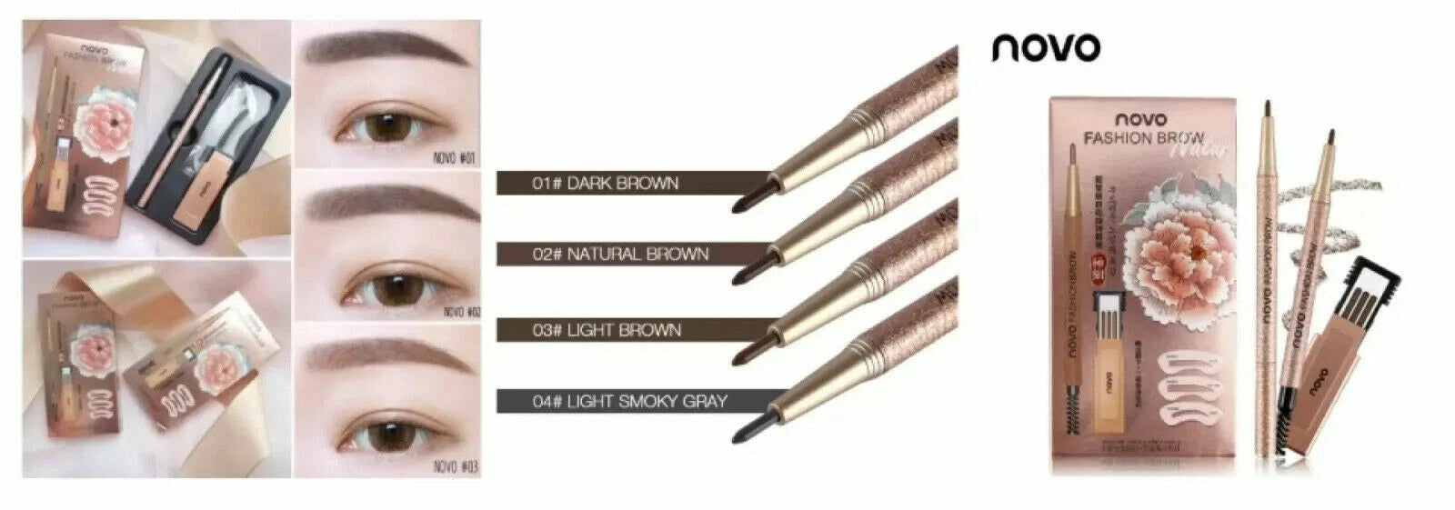 Novo Fashion Brow Pencil eyebrow template and tool usage illustration