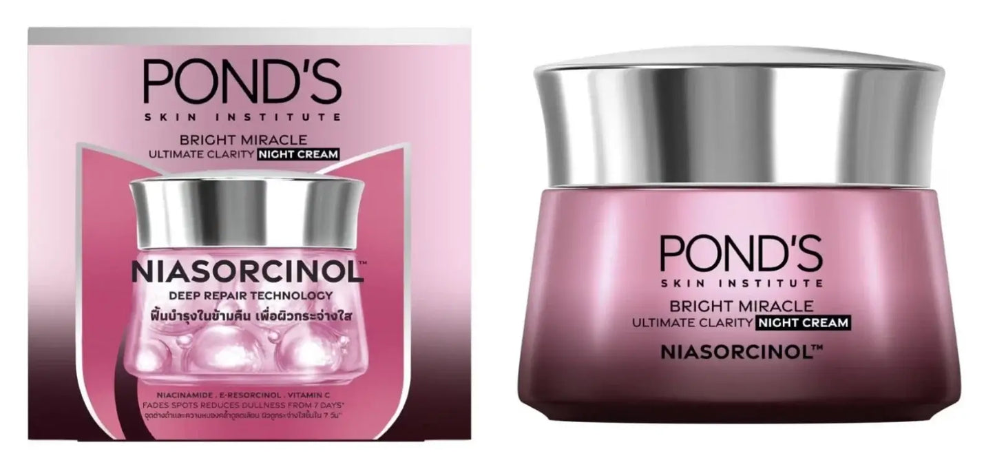 Ponds Bright Miracle Night Cream Niasorcinol 45g skincare cream jar and packaging