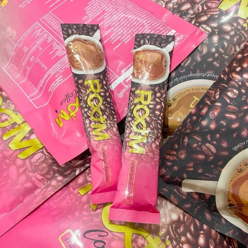 Room Coffee 36 in 1 instant coffee sachets with pink packaging