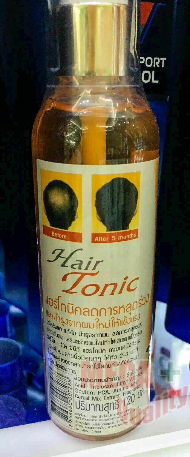 GENIVE Hair Tonic 120ml bottle with before and after results label on dark background