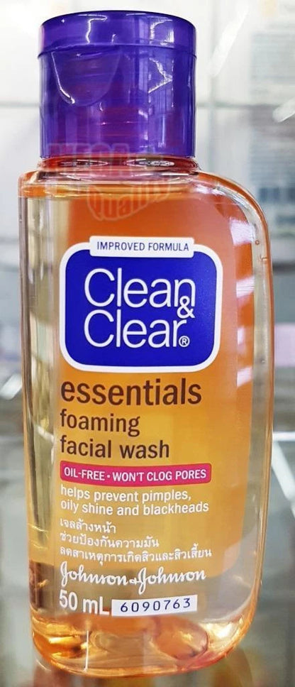 Clean & Clear Essentials Foaming Facial Wash 50ml angled view with branding visible