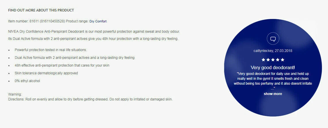 Nivea Dry Comfort Roll-On 50ml back label ingredients and product detail