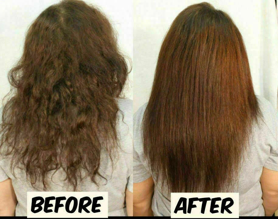 Cruset Hair Straightener Cream before and after result showing frizzy hair transformed into smooth straight hair