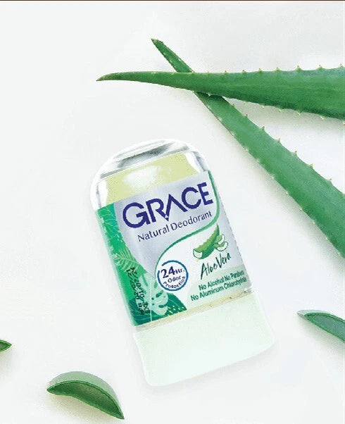 GRACE Aloe Vera Natural Crystal Deodorant stick with aloe vera leaves natural concept