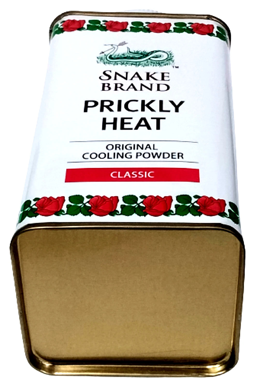 Bottom side of Snake Brand Classic Prickly Heat Cooling Powder tin container.