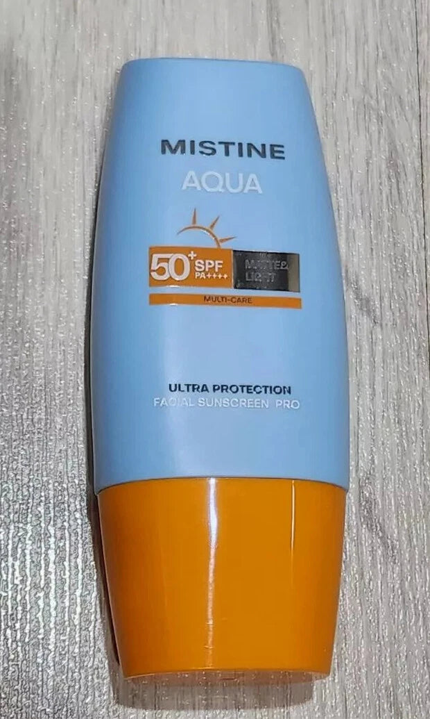 Mistine Aqua Sunscreen SPF50 PA++++ front bottle packaging blue and orange design