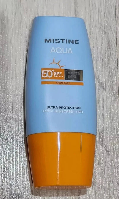 Mistine Aqua Sunscreen SPF50 PA++++ front bottle packaging blue and orange design