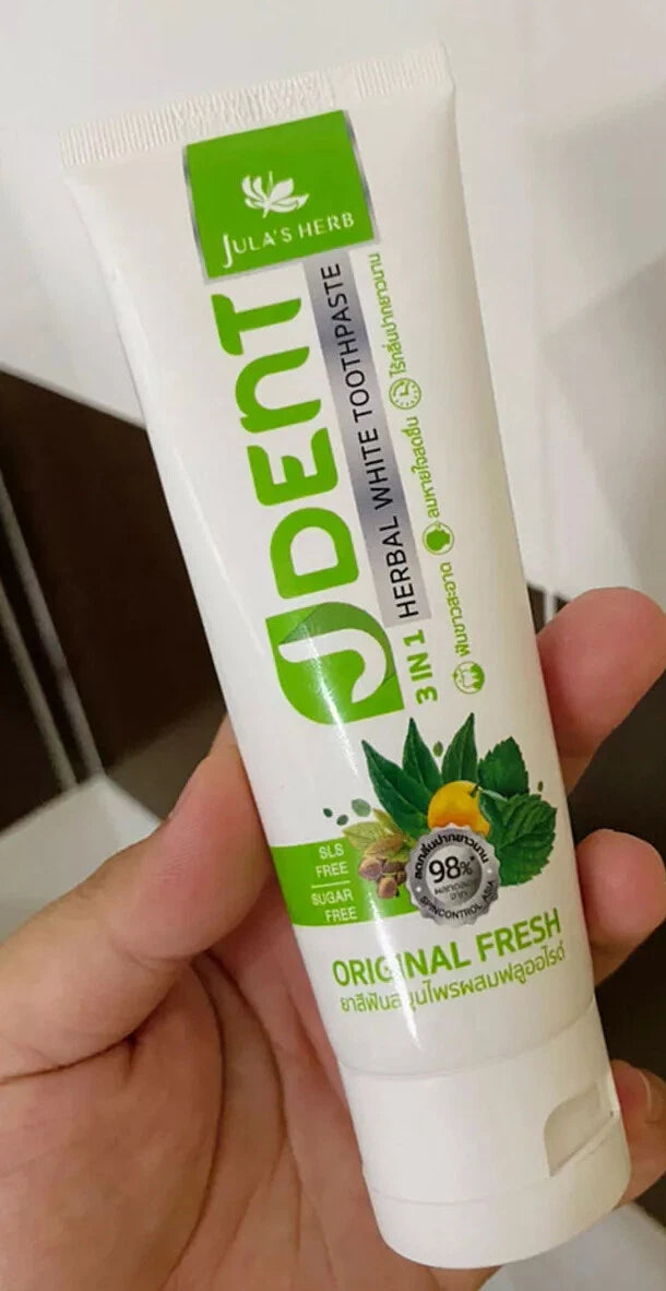Jula Herb JDent Toothpaste held in hand showing size and design