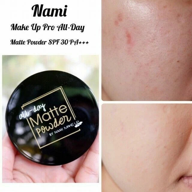 Nami All Day Matte BB Powder close up on skin finish before and after