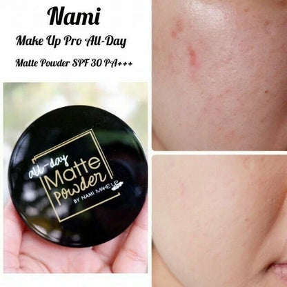 Nami All Day Matte BB Powder close up on skin finish before and after