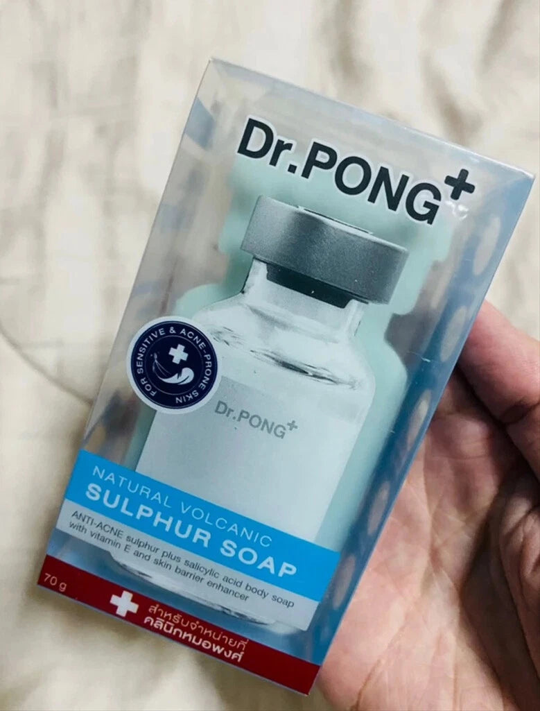 Dr.PONG Sulphur Soap box and bar set with volcanic sulphur label front
