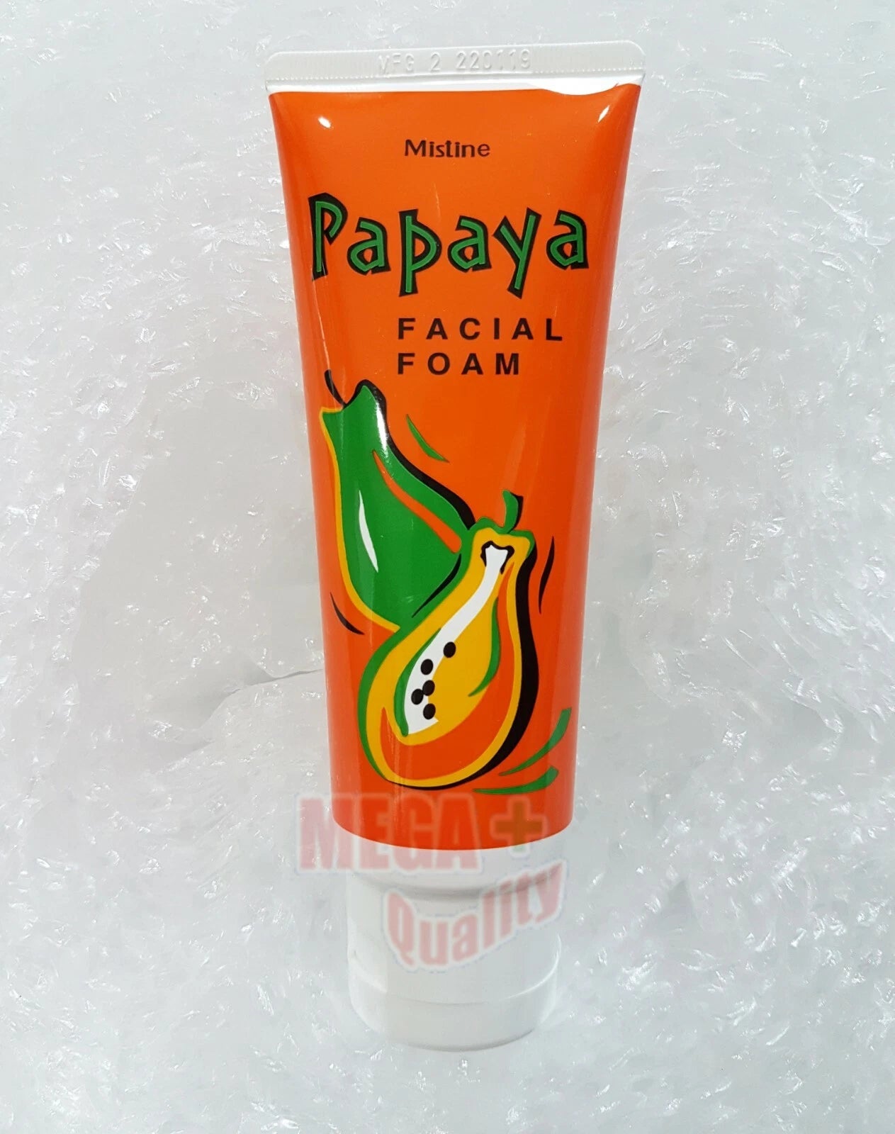 Mistine Papaya Facial Foam orange tube on white background