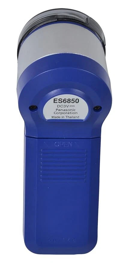 Panasonic ES6850 Shaver compact battery dry razor rear body view in blue color