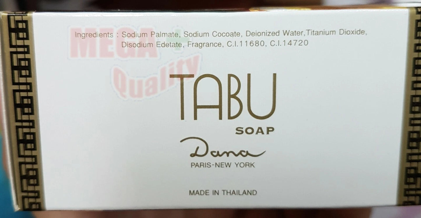 Close up on the side of the Tabu Dana Soap Bar box, showing the prominent "TABU" branding.