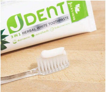 Jula Herb JDent Toothpaste with toothbrush showing paste texture close up