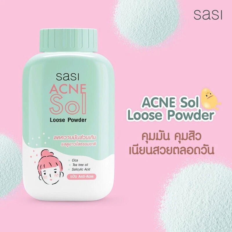 Sasi Acne Sol Loose Powder product with soft pastel background