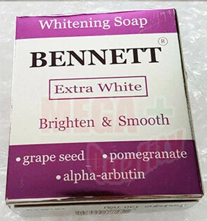 Close-up of BENNETT Extra White Soap packaging showing brighten and smooth formula details