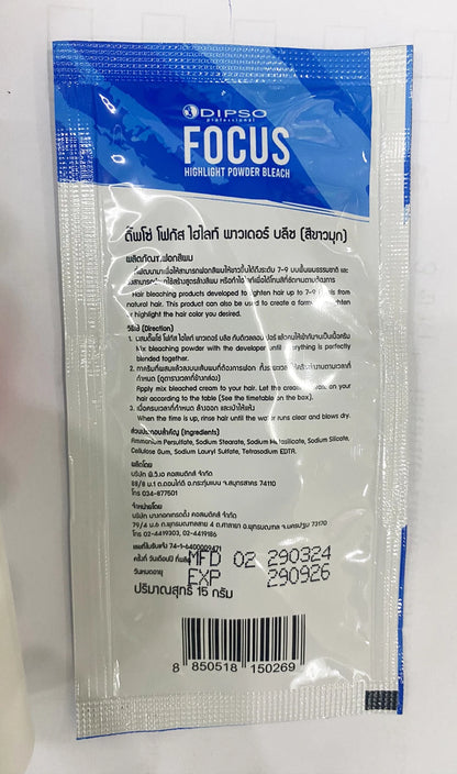 DIPSO Focus Bleach Powder sachet back view ingredients and instructions