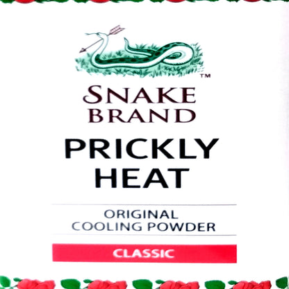 Snake Brand Prickly Heat Powder Classic cooling powder branding and text on product label.