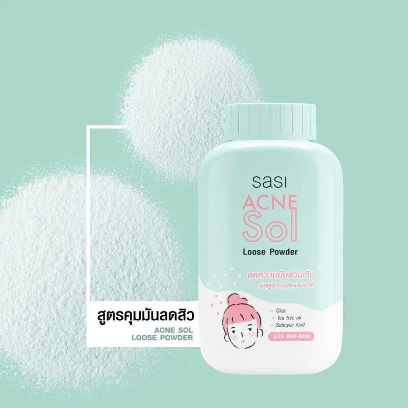 Sasi Acne Sol Loose Powder product with soft clean background